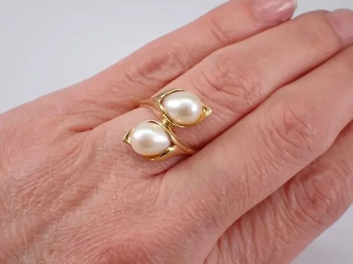 Natural Pearl 2.00Ct Pear Calla Lily Bypass Wedding Ring 14K Yellow Gold Plated - Picture 6 of 6