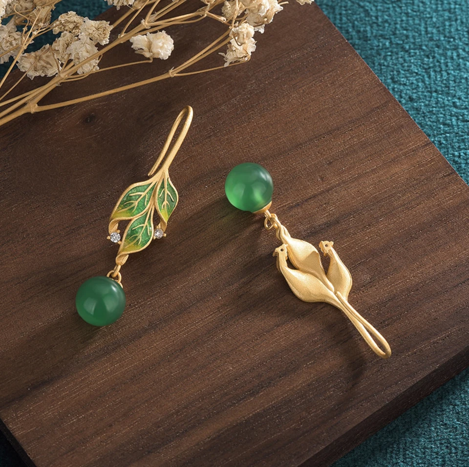 Green Jade Drop Dangle Earrings Boho Gemstone Leaf Design Hook 18K Gold Plated - Image 4 of 4
