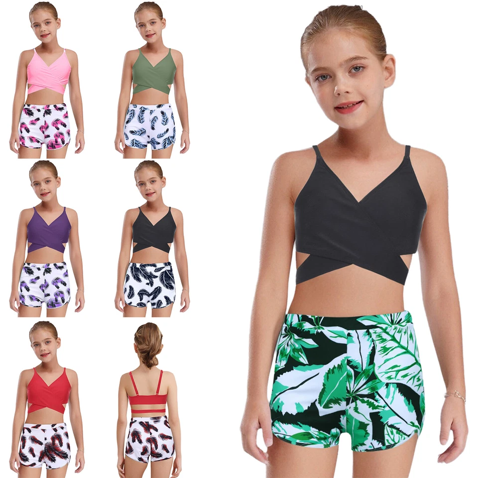 Niños Niñas Trajes Traje de Protección Solar Conjunto de Protección contra Erupciones Pantalones Cortos Estampado de Plumas Foto 4 de 4