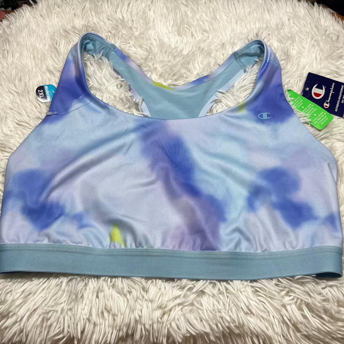 NEW CHAMPION SPORTS BRA 2XL TIE DYE SPORT RACERBACK TIE DYE BLUE GREEN LOGO  NWT