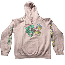 Rick and Morty Hoodie Pink Graphic Skull Adult Swim Pullover Size Medium