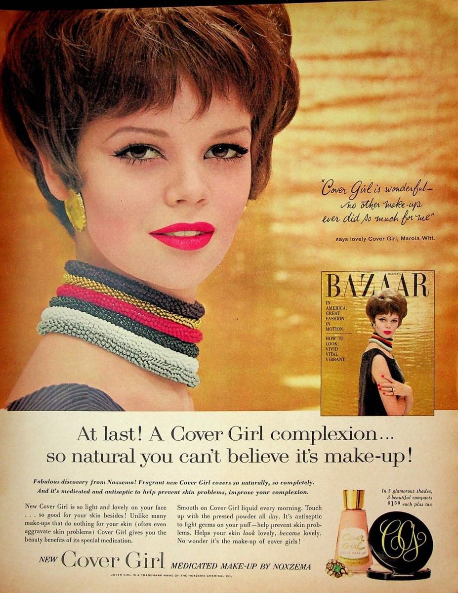 骨董品　ヴィンテージ　化粧品　vintage makeup Cover Girl Makeup, Marola Witt, Cover of Bazaar, 1961 Seventeen