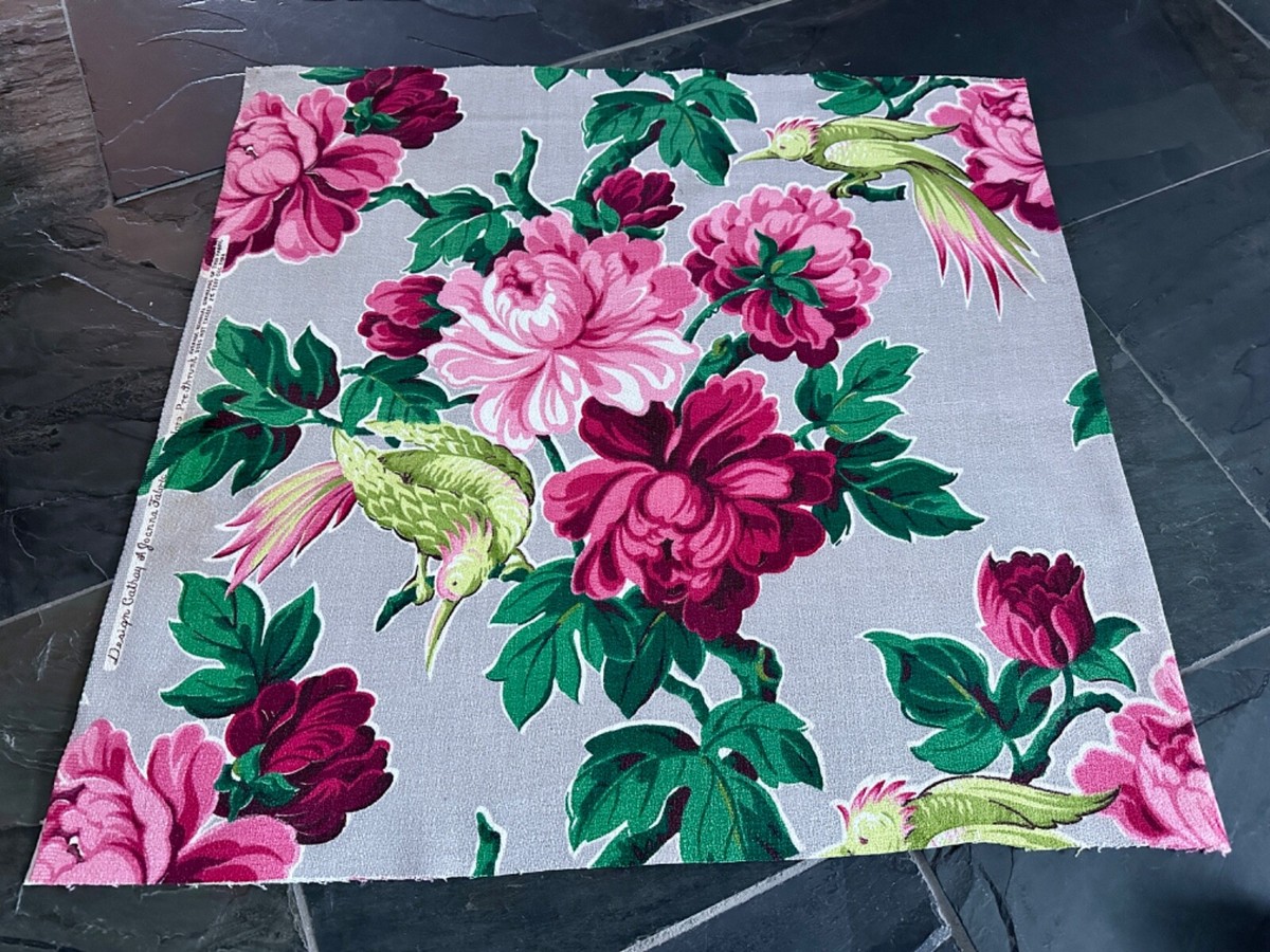 JUICY Blooms Nubby BIRDS Cabbage Roses Art Deco Barkcloth JUICY Blooms Nubby BIRDS Cabbage Roses Art Deco Barkcloth