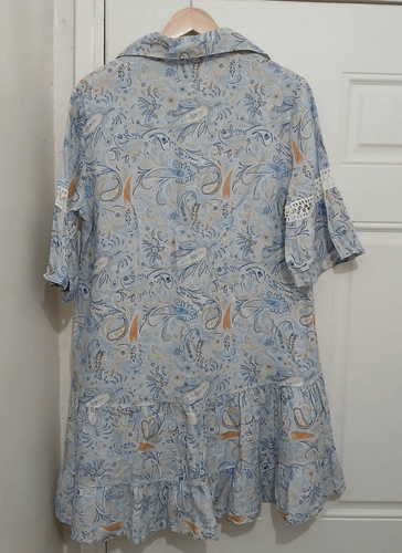 Temptation postiano womens large paisley 100% ITALIAN LINEN blue flare dress - 第 4/7 張圖片