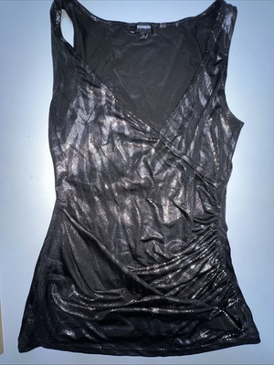 #ad Express Top Women#x27;s Small Faux Wrap Rushed Sleeveless Black Metallic Silver $14.00