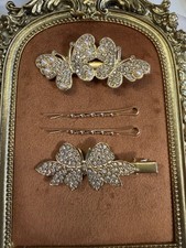 Gold Metal Butterfly Hair Gator Clip Rhinestone Pearl Beaded Accents 4pcs NWT