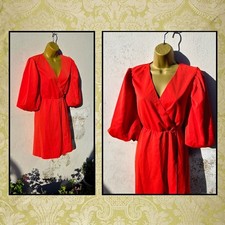 Boohoo Size 10 Red Puff Sleeve Wrap Tie Belt Waist Sexy Party Date Dressy Dress