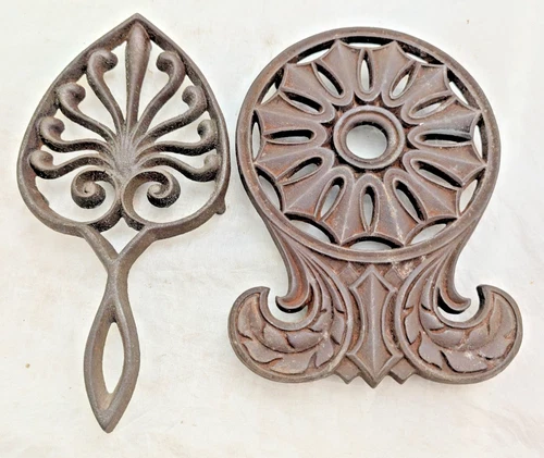 Lot 2 VTG Hopewell & Dalecraft Cast Iron Trivets Floral Kitchen Decor USA - product listing photo
