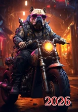 2026 Wall Calendar ~ Scary Big Dogs in Leather Jackets Motorbikes Cyberpunk