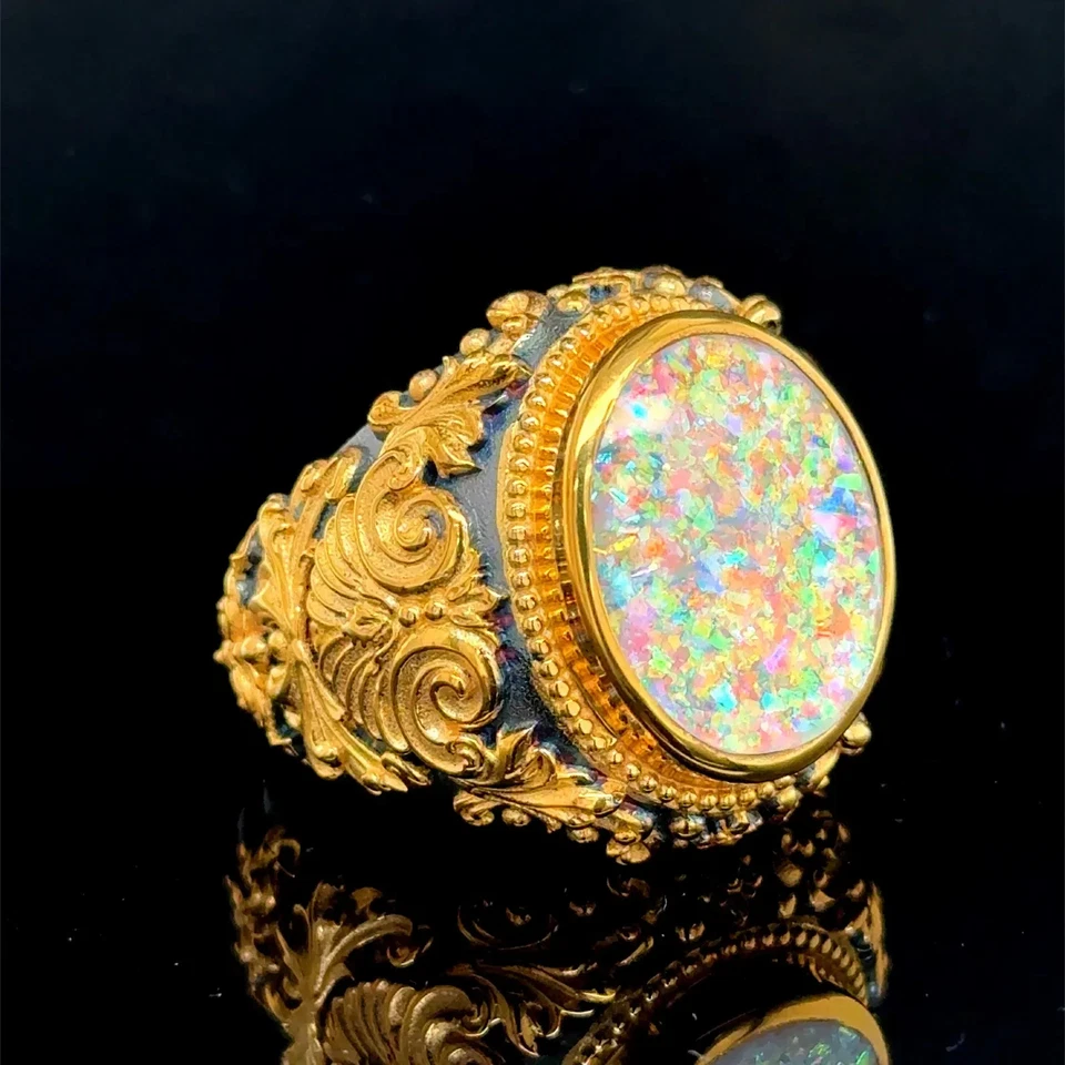 Anillo de ópalo grabado en oro de plata 925 para hombre, anillo de ópalo de oro blanco fuego Foto 4 de 4