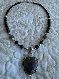Sterling Blue Rhyolite Teardrop Pendant Black Gemstone Beaded Necklace Handmade