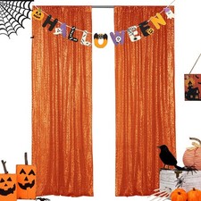 2 PCS 2x8 Ft Orange Sequin Glitter Backdrop Curtain Party Decoration Supply