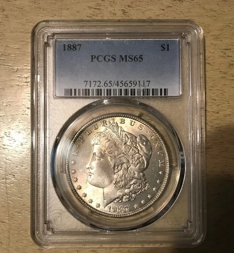 1887 P $1 MORGAN DOLLAR PCGS MS65 SOME RAINBOW TONING REVERSE