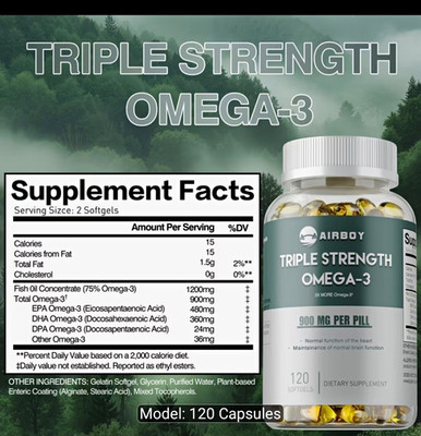 AIRBOY Omega-3 900 mg Fischölkonzentrat, 120 Softgels für Herz & Gehirn