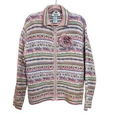Tiara Pink Floral Knit Fair Isle Granny Zip Cardigan Sweater XL y2k Cottage Cute