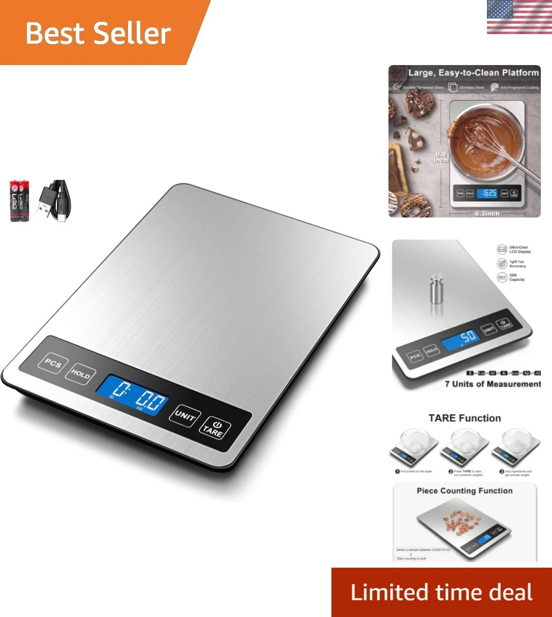 Food Scale, 1g/0.1oz Digital Kitchen Scale - 22lb, 7 Units, Tare & PCS, Recha...