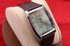 Vintage Men Seiko quartz Barrel-Tank  Green Dial ,Dark Brown leather Dress Watch