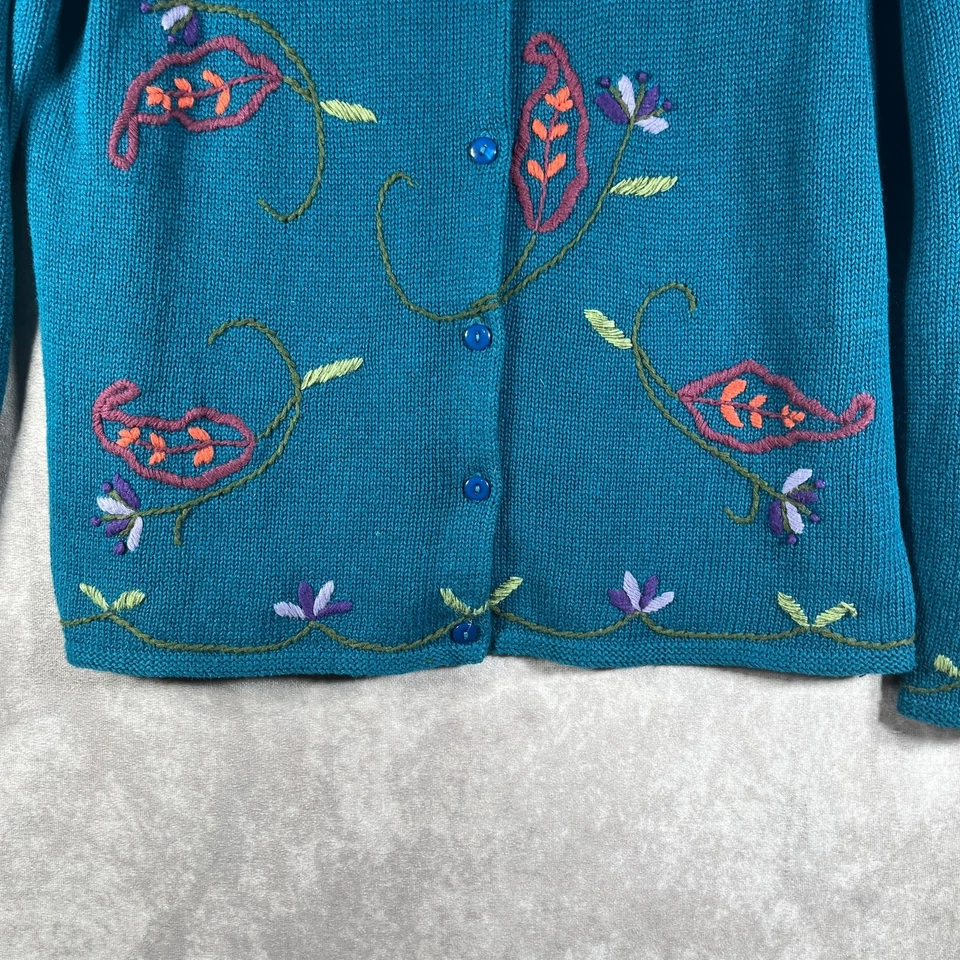 Coldwater Creek Cardigan Sweater Women PM Blue Knit Floral Embroidered Boho Fall - Image 3 of 4