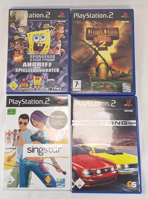 4 x Playstation 2 PS2 Spiel Ford Mustang Robin Hood Siege 2 Singstar Spongebob