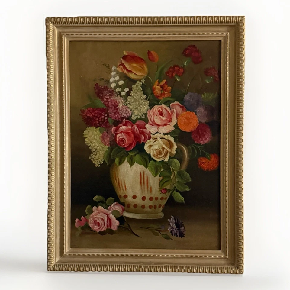 Винтажный 1940-х цветочный натюрморт картина маслом в позолоченной раме Metzger Brothers NY - Изображение 2 из 4