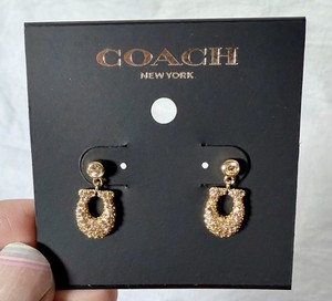 Authentic Coach Gold-Plated Crystal Horseshoe Dangle Earrings, Pavé Setting, Round Stone