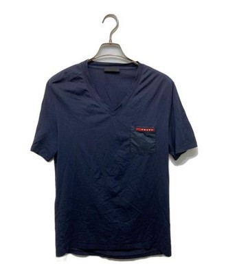 PRADA M V-neck Rubber Logo Cotton T-Shirt Navy Size M Men's