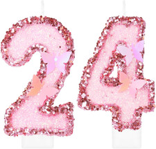 Birthday Candles, Number 24 Candle, Butterfly 24th Birthday Decorations for Wome