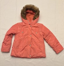 Gymboree Puffer Coat Salmon Pink Hood Faux Fur Warm Sip Snap Closure Size 5/6