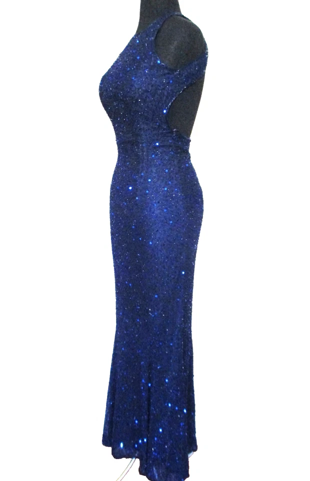 Maxi Vestido Vintage Scala XS Mujer Negro Seda Gasa Azul Cuentas y Lentejuelas Foto 3 de 4