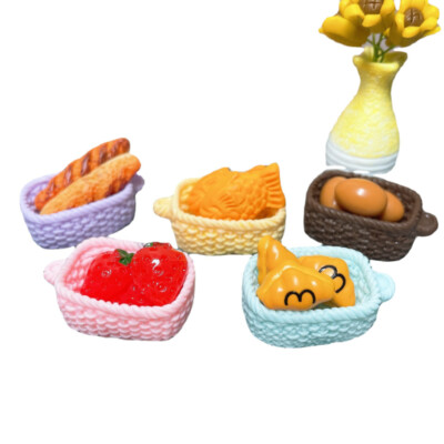 3pc Dollhouse Miniatures 1:12 Scale Fish Cake Bamboo Basket Bread Food Decor Set