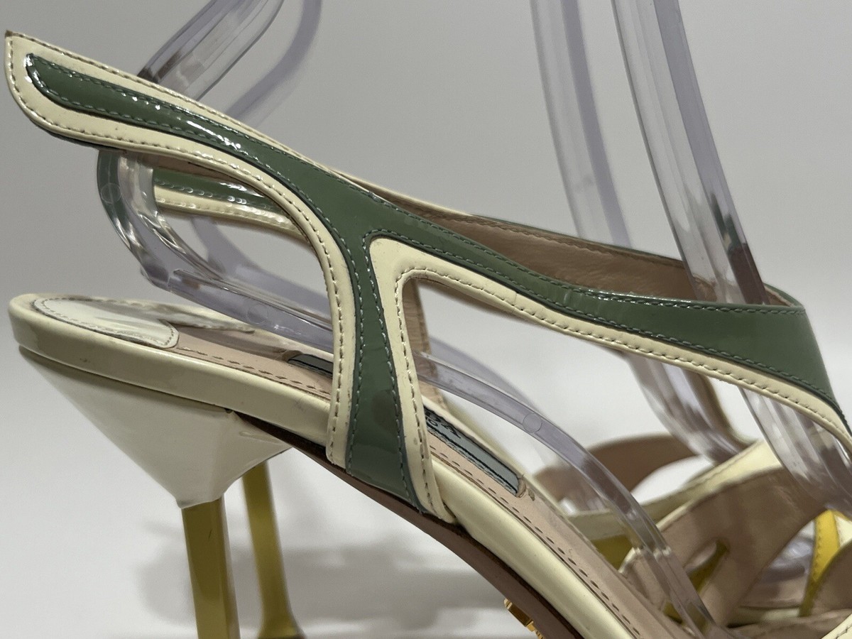 Vtg PRADA SS2012 WHITE YELLOW PATENT LEATHER SANDAL HEELS 38