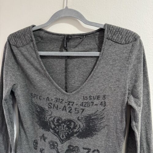 Vintage 90s Y2K Affliction Shirt L Black Premium Gray Black Moto V-neck Grunge - Picture 2 of 9