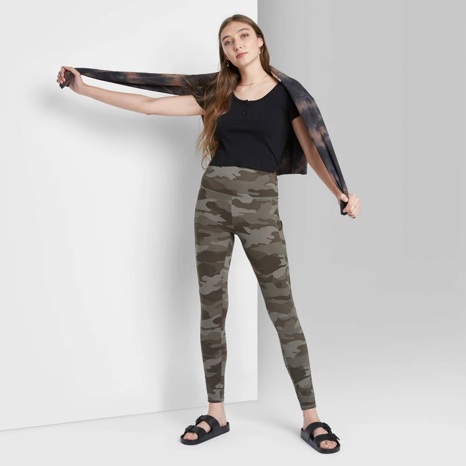 Leggings suaves Wild Fable para mujer longitud completa verde camuflaje tiro alto cintura ancha  Foto 4 de 4