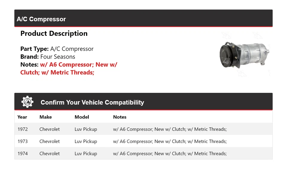 For 1972-1974 Chevrolet Luv Pickup A/C Compressor 4 Seasons 1973 - Image 2 of 4