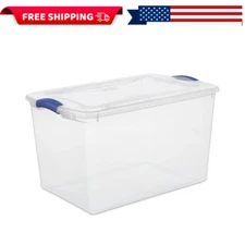 Stackable Plastic Tote Box Storage Containers Bin 66 Quart, Blue Latches