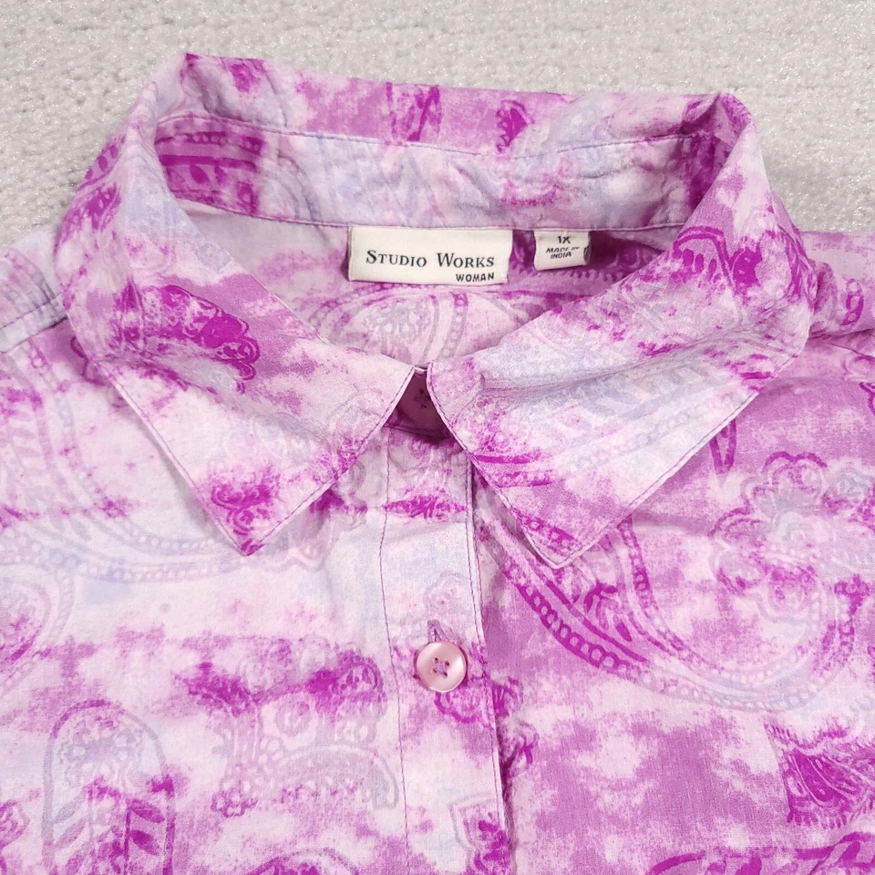 Camisa para mujer Studio Works abotonada 1X Plus púrpura cuello cachemir manga 3/4 Foto 4 de 4
