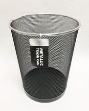 NEW METALLIC BLACK METAL MESH WITH SILVER TRIM ROUND TRASH CAN+WASTE BASKET