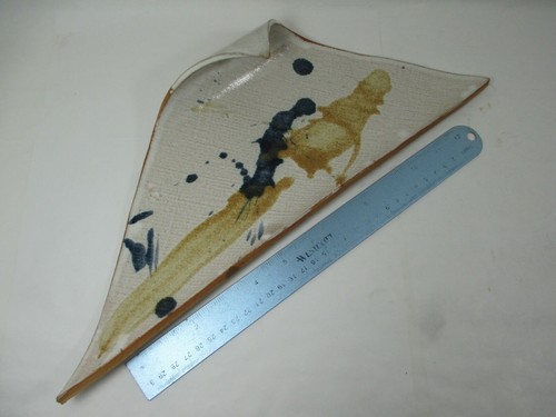 2 Unique Handmade Mid Modern Clay Sushi Plates Wht Glaze Splashed Blue Gold Art - Picture 12 of 12