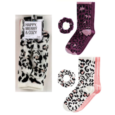 2 pr Womans Jenni Cotton Blend Crew Socks & Scrunchie Funky Leo Choose Color New
