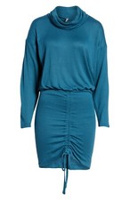 NWT Free People Sundown Mini in Dark Green Cowl Neck Ruched Hem Knit Dress XS