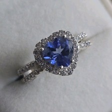 Sterling Silver 925 Heart Cut Blue CZ Halo Ring w/ Split Shank   Size 6.5