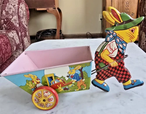 J CHEIN & CO. VINTAGE 1950'S EASTER RABBIT PULLING CART TIN LITHO TOY, $0 SHIP