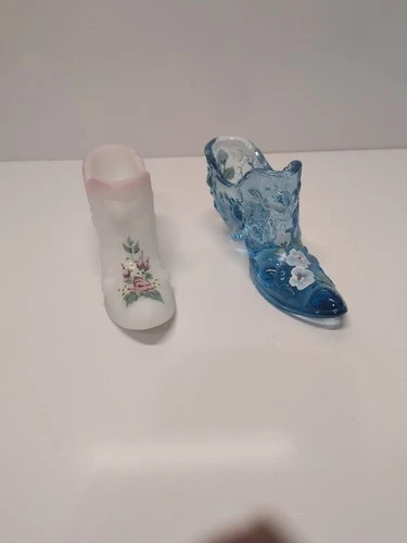 Lot of 2 Hand Painted Vintage Fenton Glass Slipper Shoes Cabbage Rose Pattern