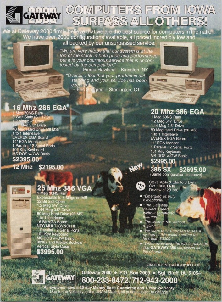 A 1989 Gateway 2000 magazine ad featuring the iconic cow-spotted boxes — a slice of early PC history that's instantly nostalgic for anyone who lived through the dawn of home computing.