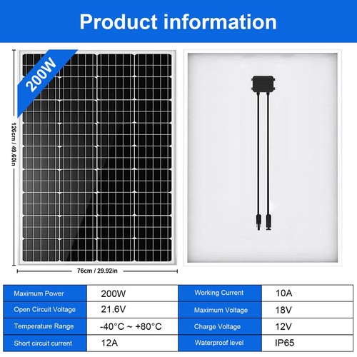 Solar Panel 200W 1000W 2000W 18V Mono Solar Battery Charger 12V Off