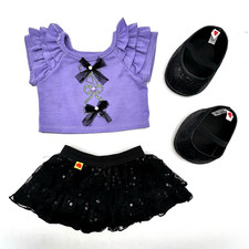 Build A Bear Rare Purple Black Bow Top Tulle Sequin Skirt Teddy Shoes - READ