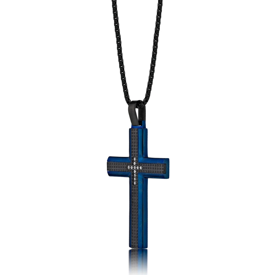 Colgante cruz circonita cúbica de acero inoxidable chapado en iones negro y azul - cadena caja redonda de 24" Foto 2 de 4