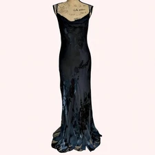 Whimsigoth  90s y2k Monsoon Long Black Bias Cut Devore Dress UK 12/14  (US 10