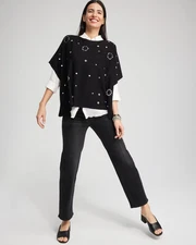 NWT Chicos Poncho Womens L/XL Black White Polka Dot Embellish Knit Cape NEW