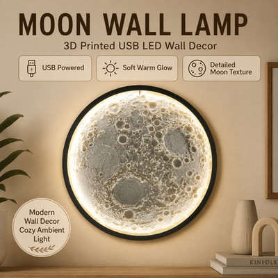 3D Printed Moon Wall Lamp with USB LED Light   Illuminated Lunar Wall Decor